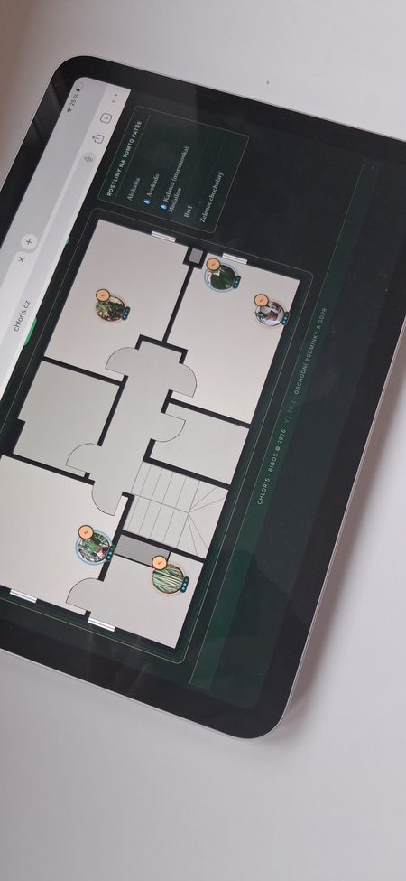 iPad s Chloris: půdorys přízemí s piny rostlin